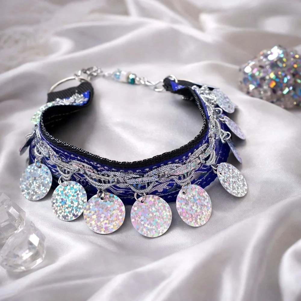 Festival Choker Necklace Handmade Navy + Silver Iridescent Sequin Coins Signed - Picture 1 of 15